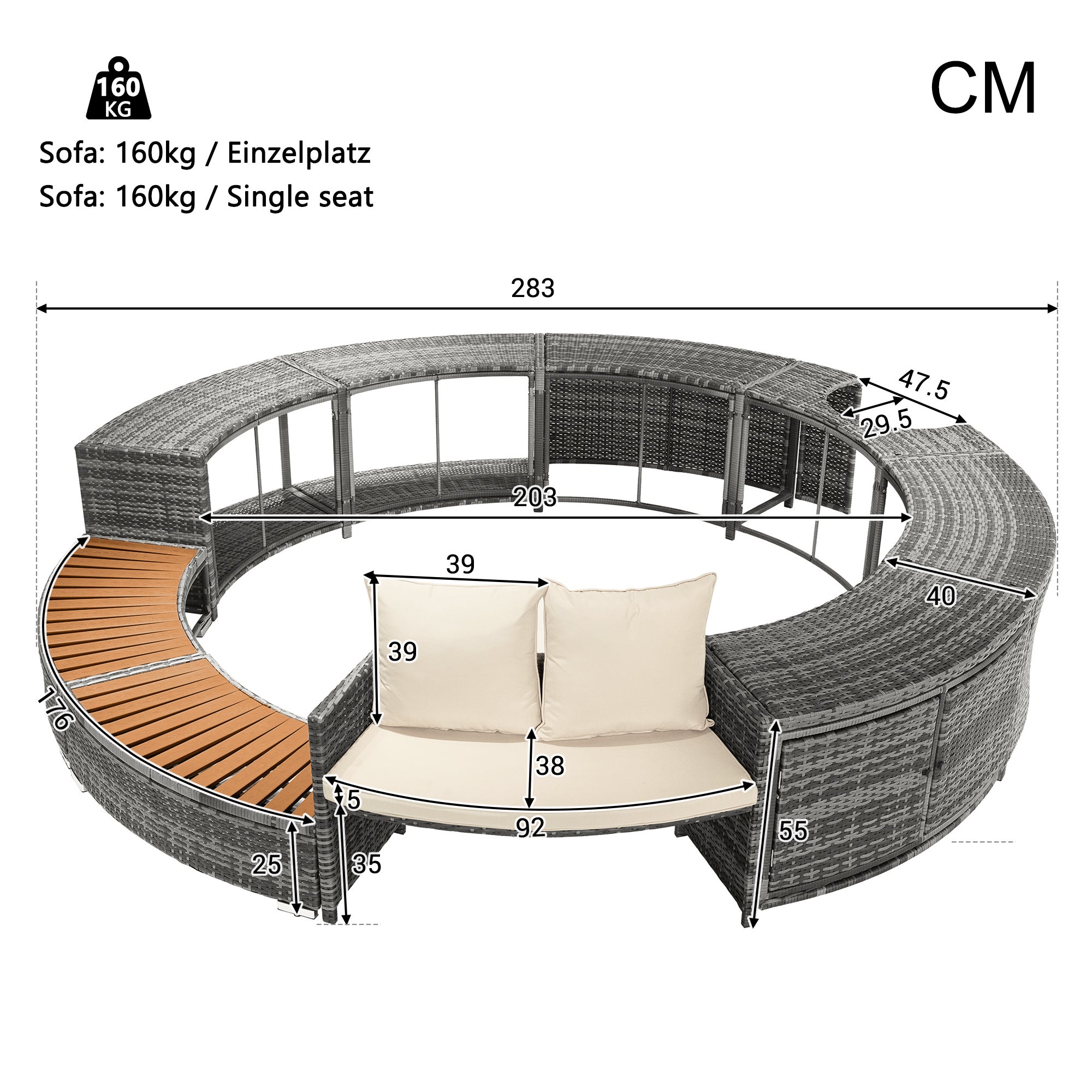 Spa, salon de jardin, rotin gris PE et bois d'acacia avec rangement, pieds réglables, coussins inclus - 3