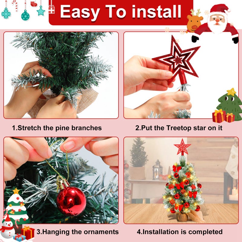 40 cm choinka stołowa, miniaturowe sztuczne choinki ze światłem, czubkiem i ozdobami choinkowymi, ozdoby świąteczne, kolor czerwony - 6