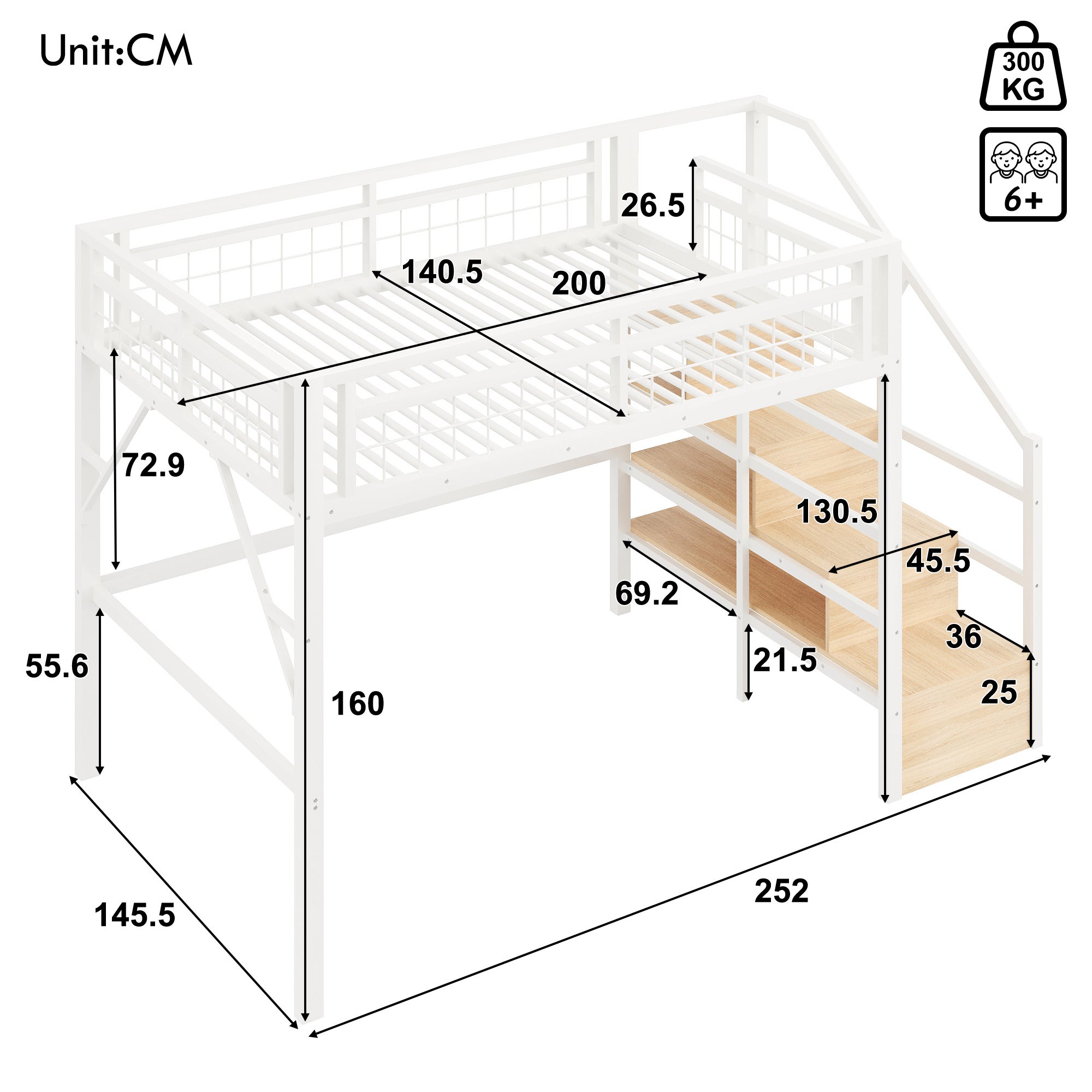 Lit mezzanine 140 x 200 cm avec éclairage LED, escalier avec rangements intégrés, espace libre modulable dessous, structure en métal robuste, blanc - 7