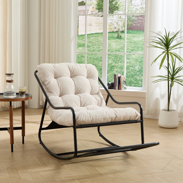 Fauteuil à bascule d'extérieur, coussin confortable, avec coussin doux et épais, pour salon, salle de lecture, structure noire avec coussin blanc
