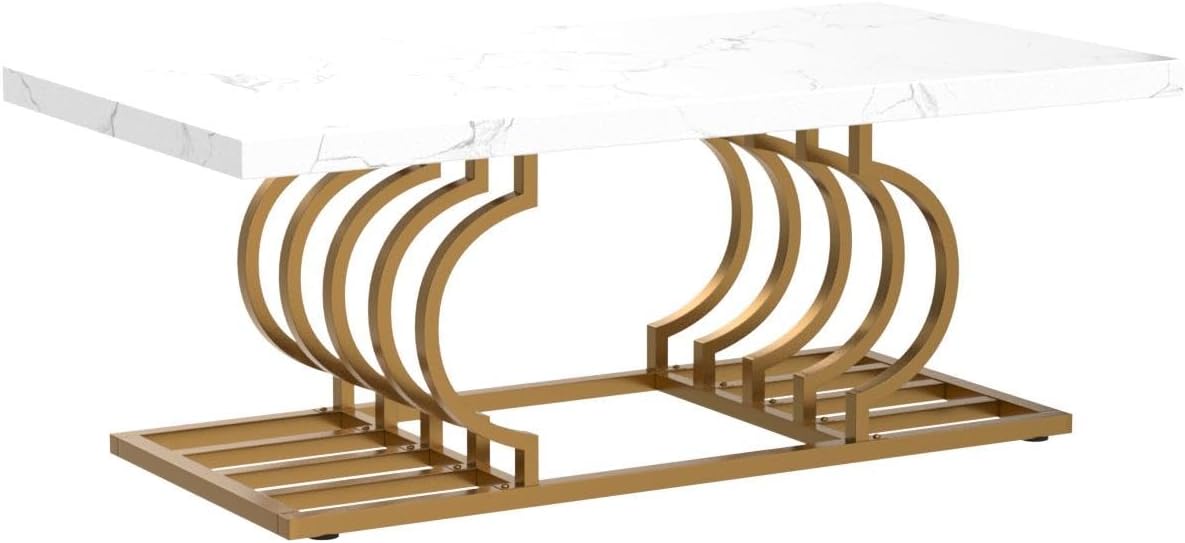 Tribesigns Nowoczesny stolik kawowy, stolik koktajlowy z imitacją marmuru i geometryczną podstawą, biały i złoty