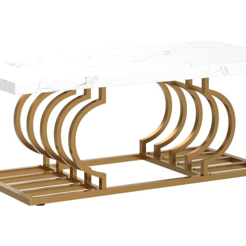 Tribesigns Nowoczesny stolik kawowy, stolik koktajlowy z imitacją marmuru i geometryczną podstawą, biały i złoty