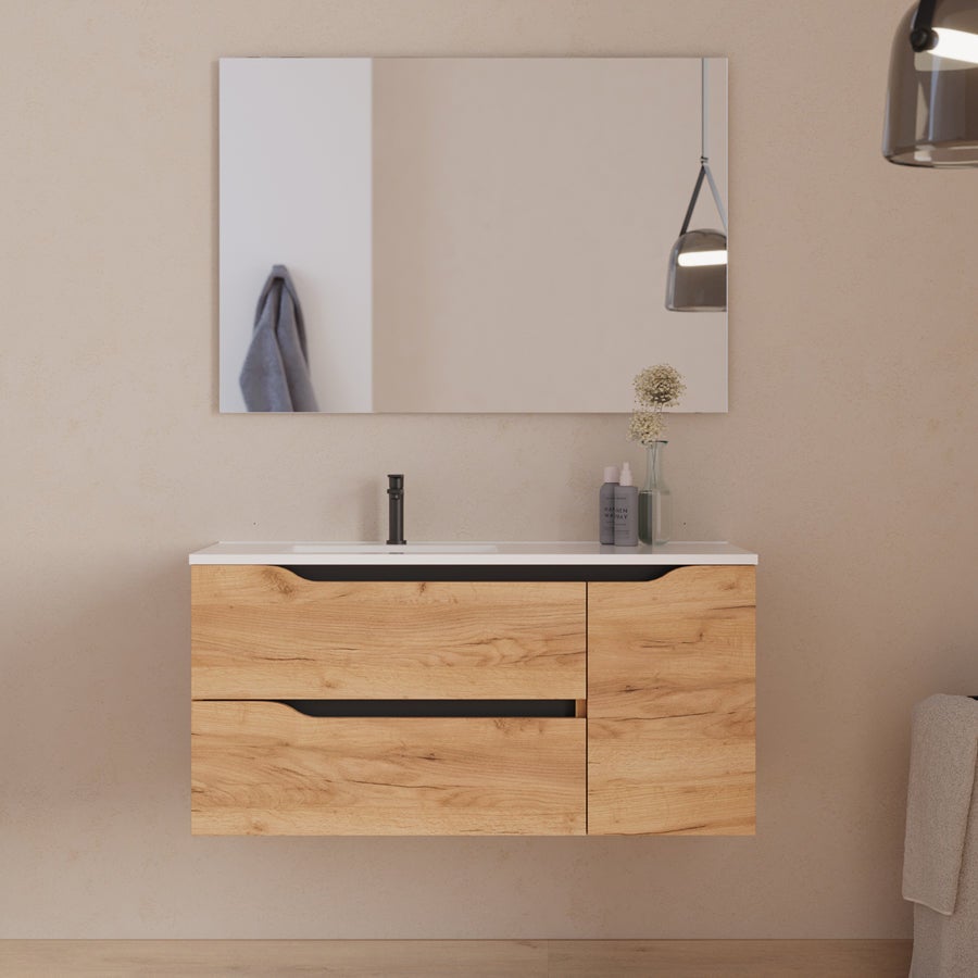 Meuble sous vasque seul, 2 tiroirs et 1 porte, 100cm, pour vasque déportée gauche - roble (bois clair) - ZARZA - 3
