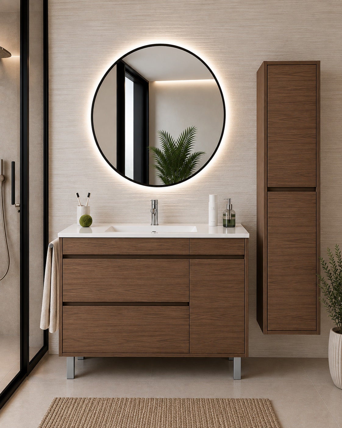 Mobilier de baie cu lavoar ORIGENBATH CAPRERA fără oglindă 90x45 cm frasin tea cu coloană