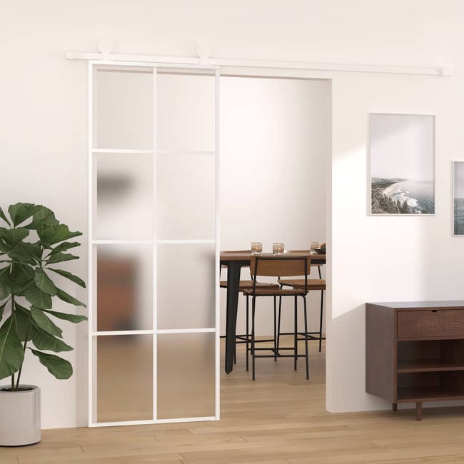 Porte Coulissante Blanc - 76x205 Cm - Verre Trempé - Aluminium - Noir