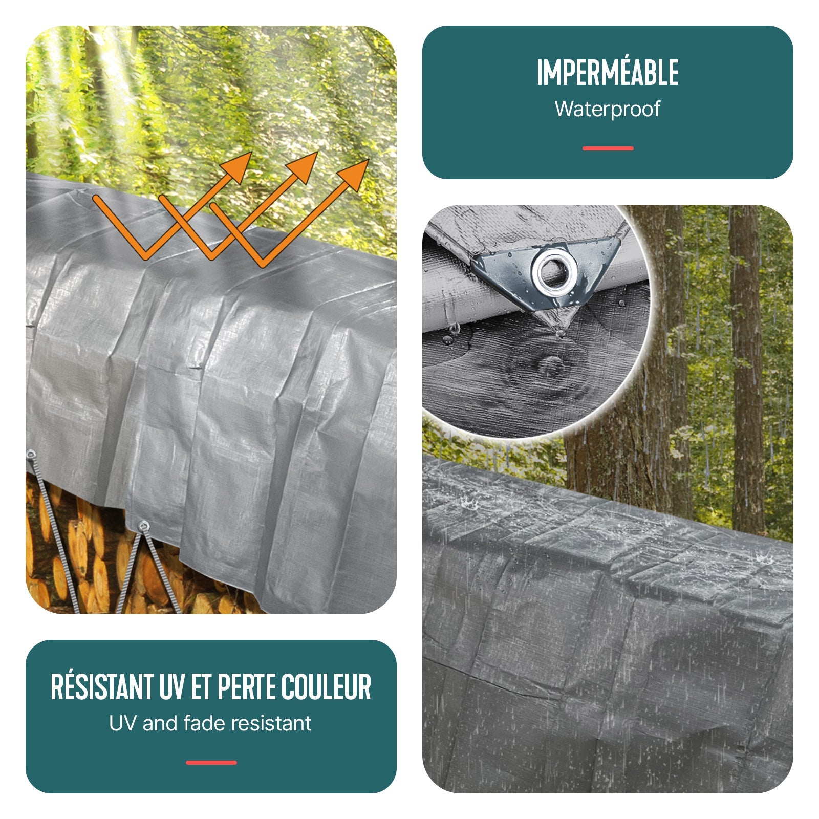 Bâche de protection en polyéthylène 180g/m² - 2x3m gris et noir - codre incluse - imperméable et anti-UV - VOUNOT® - 4