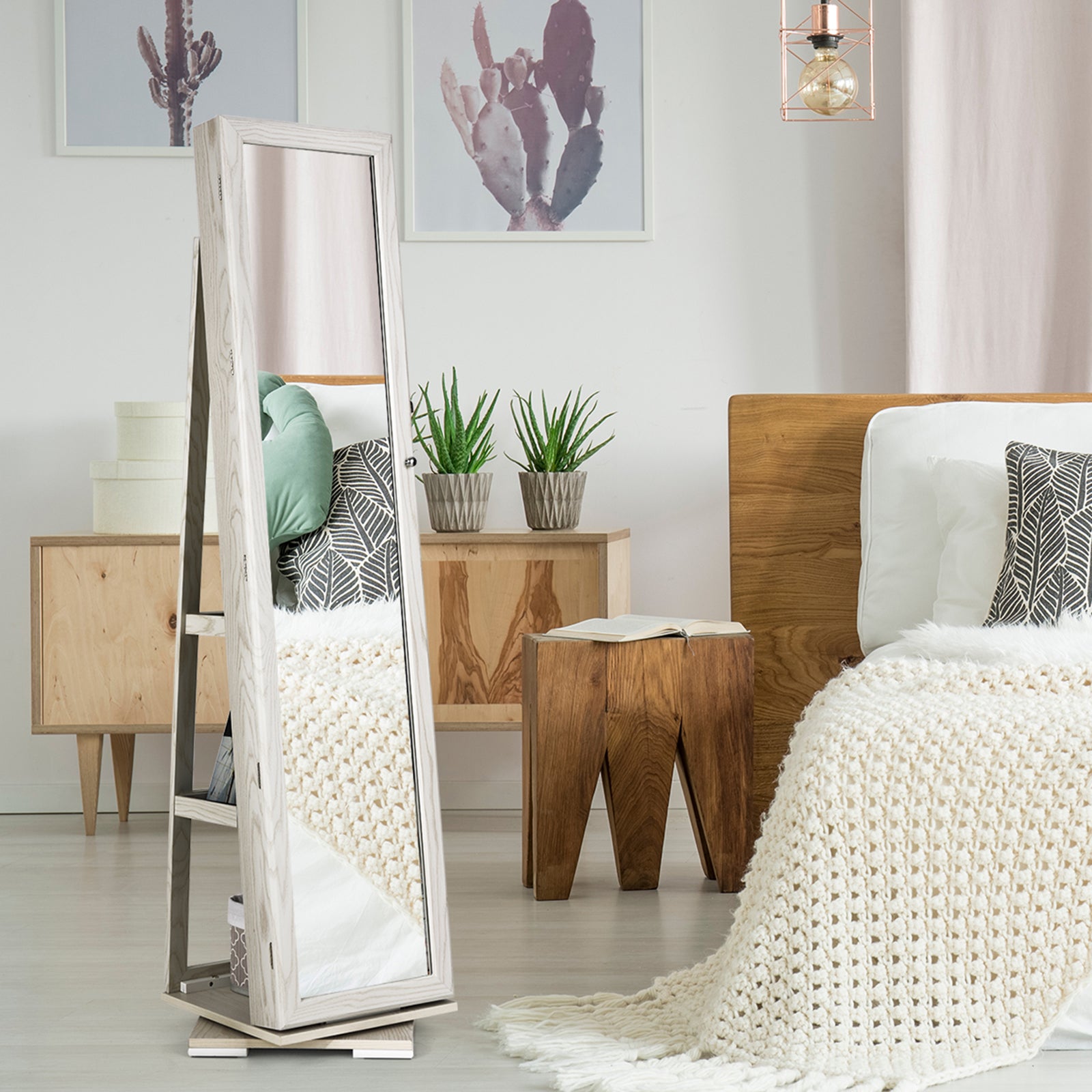 Armoire à Bijoux Pivotante à 360 Degrés sur Pieds,avec Grand Miroir Psyché et Etagère de Rangement à L’Arrière (Blanc) - 9