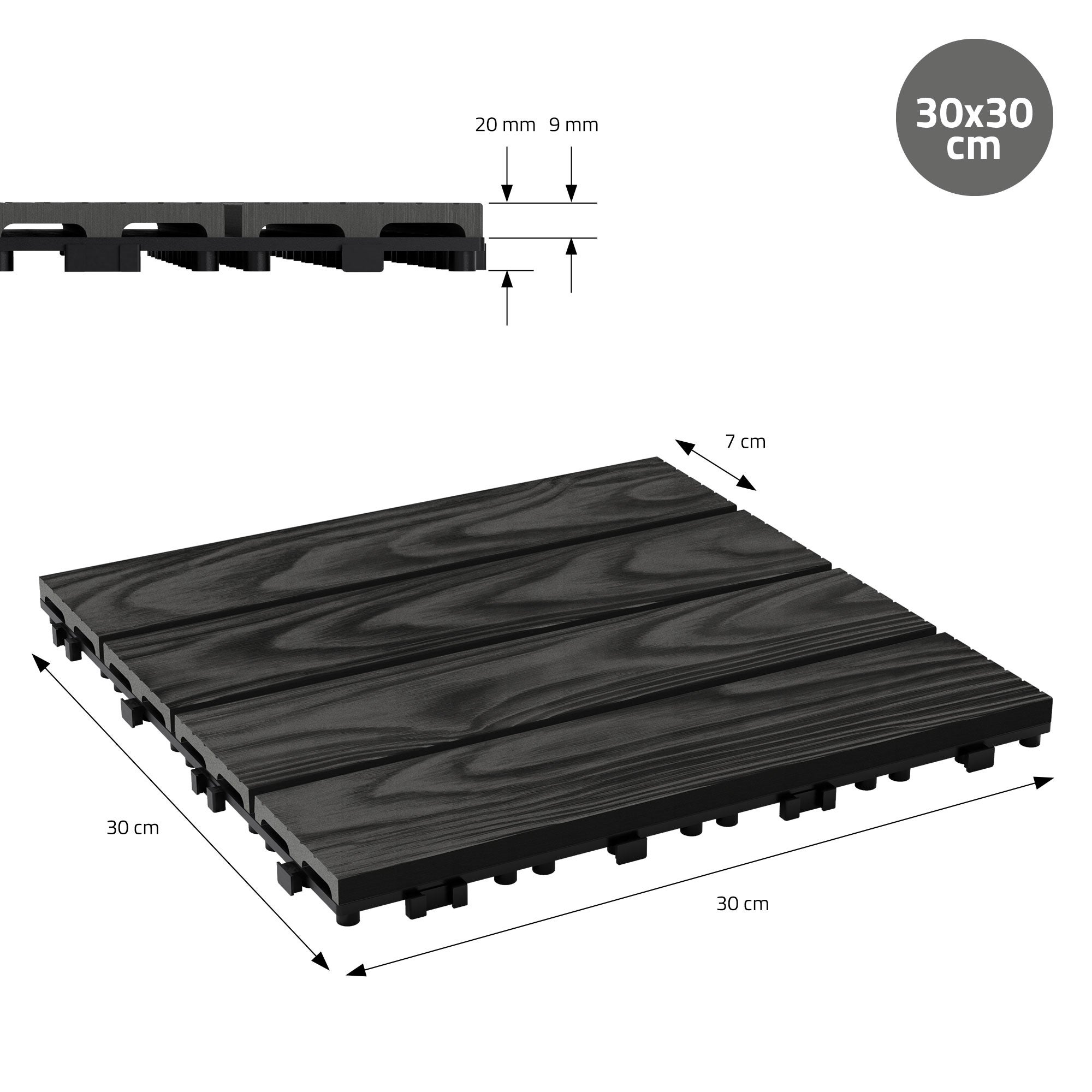 ECD Germany plytki tarasowe wpc 30x30 cm 11 sztuk 1m² kwadratowy antracyt panele podłogowe klik odpływ wodny balkon taras ogród patio weranda - 7