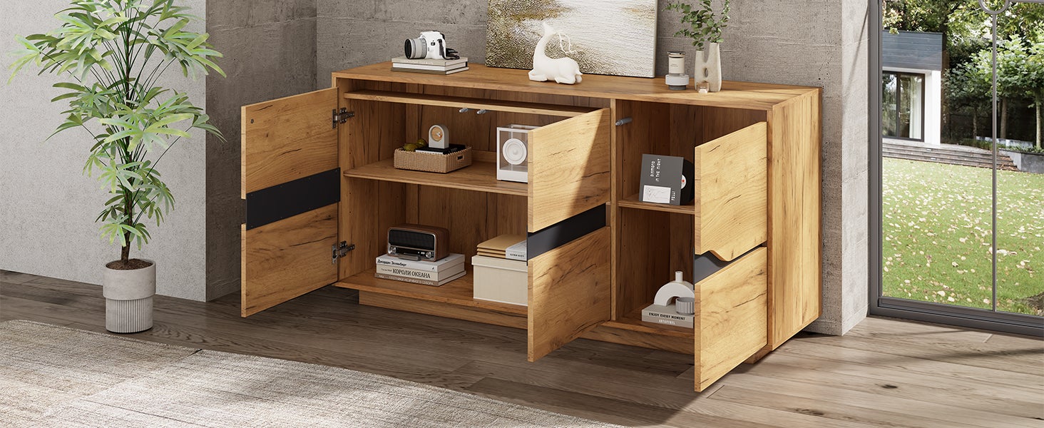Buffet avec 3 portes, commode - 140 x 40 x 70 cm - Etagères réglables - Panneau de particules - Chêne - 6