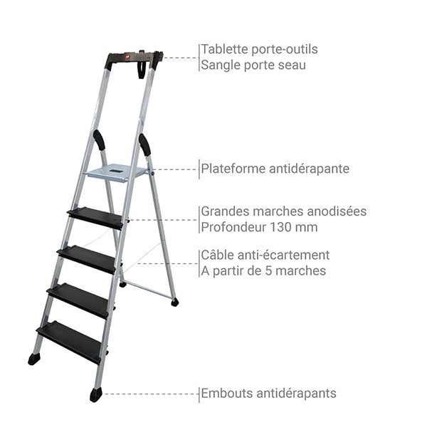 Escabeau 5 marches - Hauteur max. de travail 3.07m - 8815-211 - 5