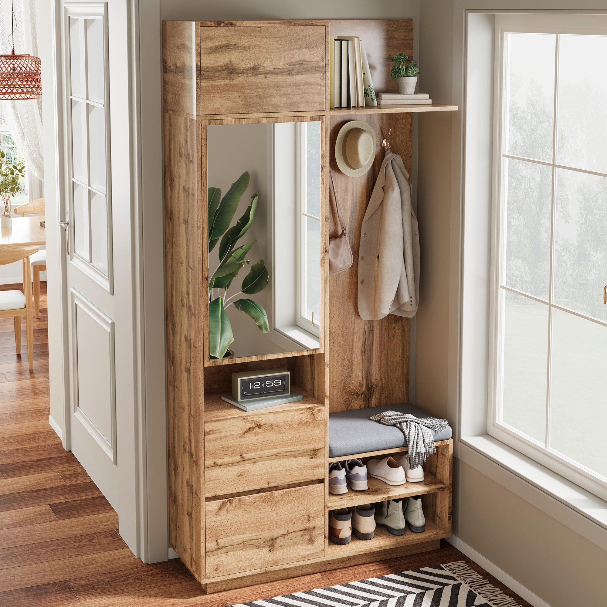 Szafka na buty z lustrem, ławką, wieszakami, 3 drzwiami i 1 szufladą - 90 x 34,5 x 190 cm - MDF - Naturalna - 5