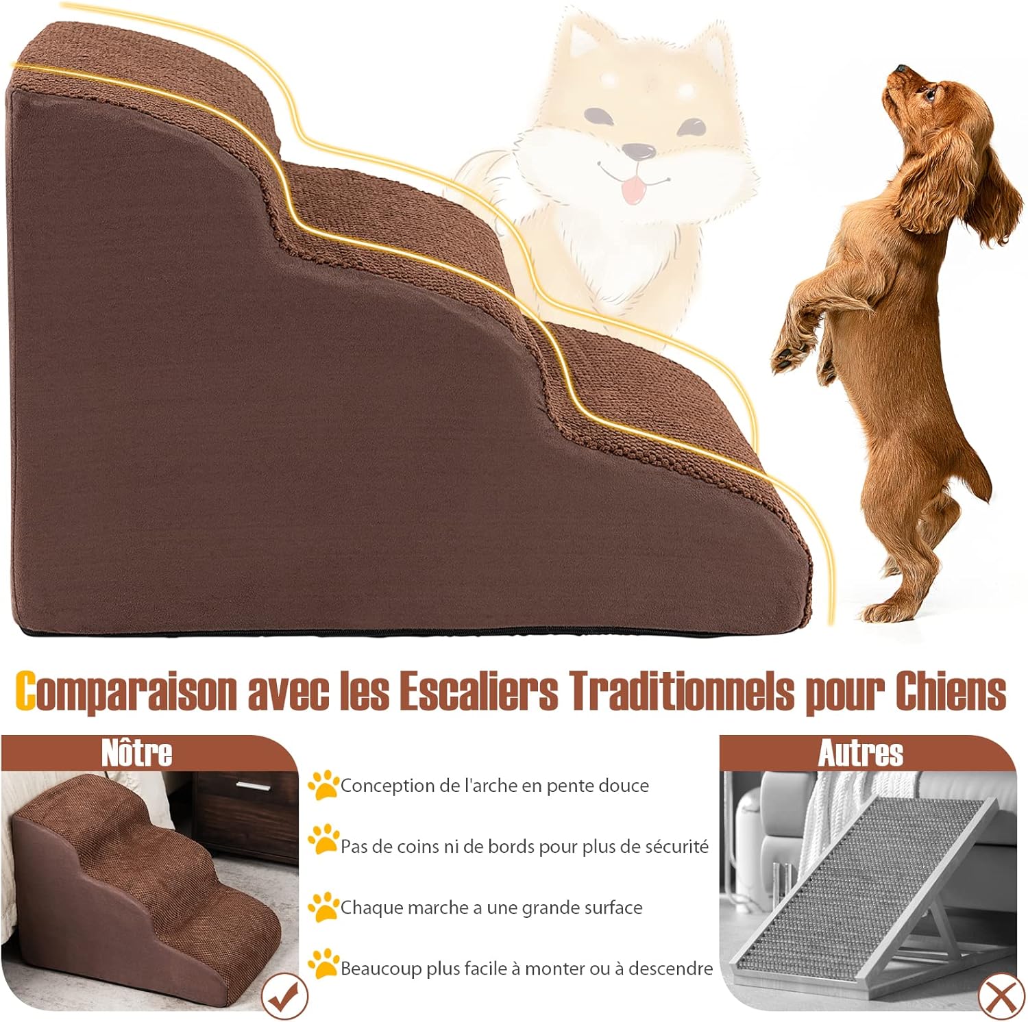 Escalier pour Animaux à 3 Marches en Mousse Haute Densité avec Brosse de Nettoyage, 58 x 42 x 40 cm - 6