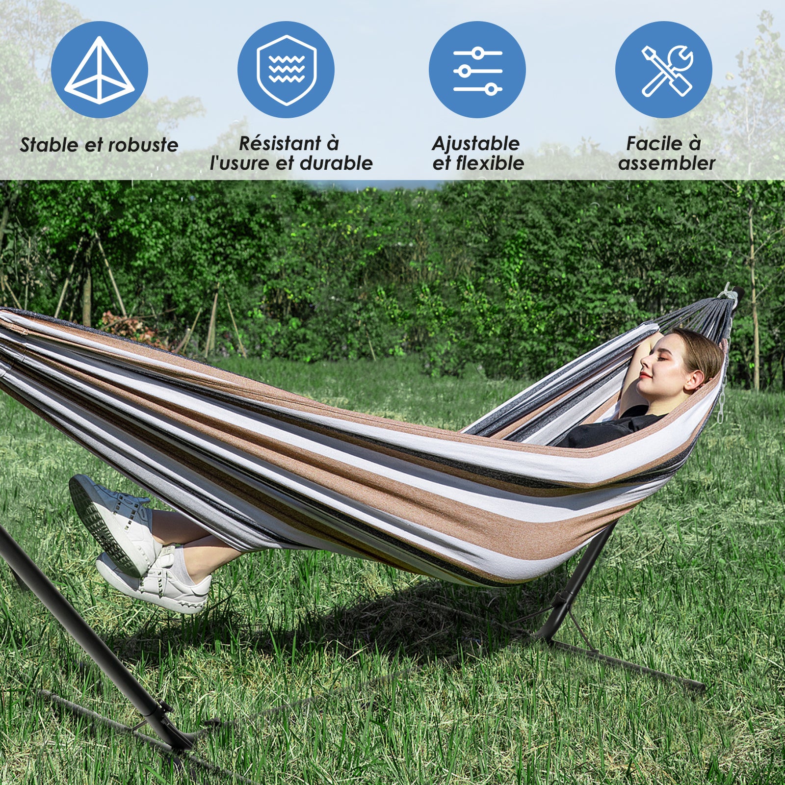 Support de Hamac en Métal 325 x 100 x 106 cm, Charge 150 KG, Structure de Hamac&nbsp;pour Accrocher Lit Balancelle et Chaises Suspendues, Noir - 6