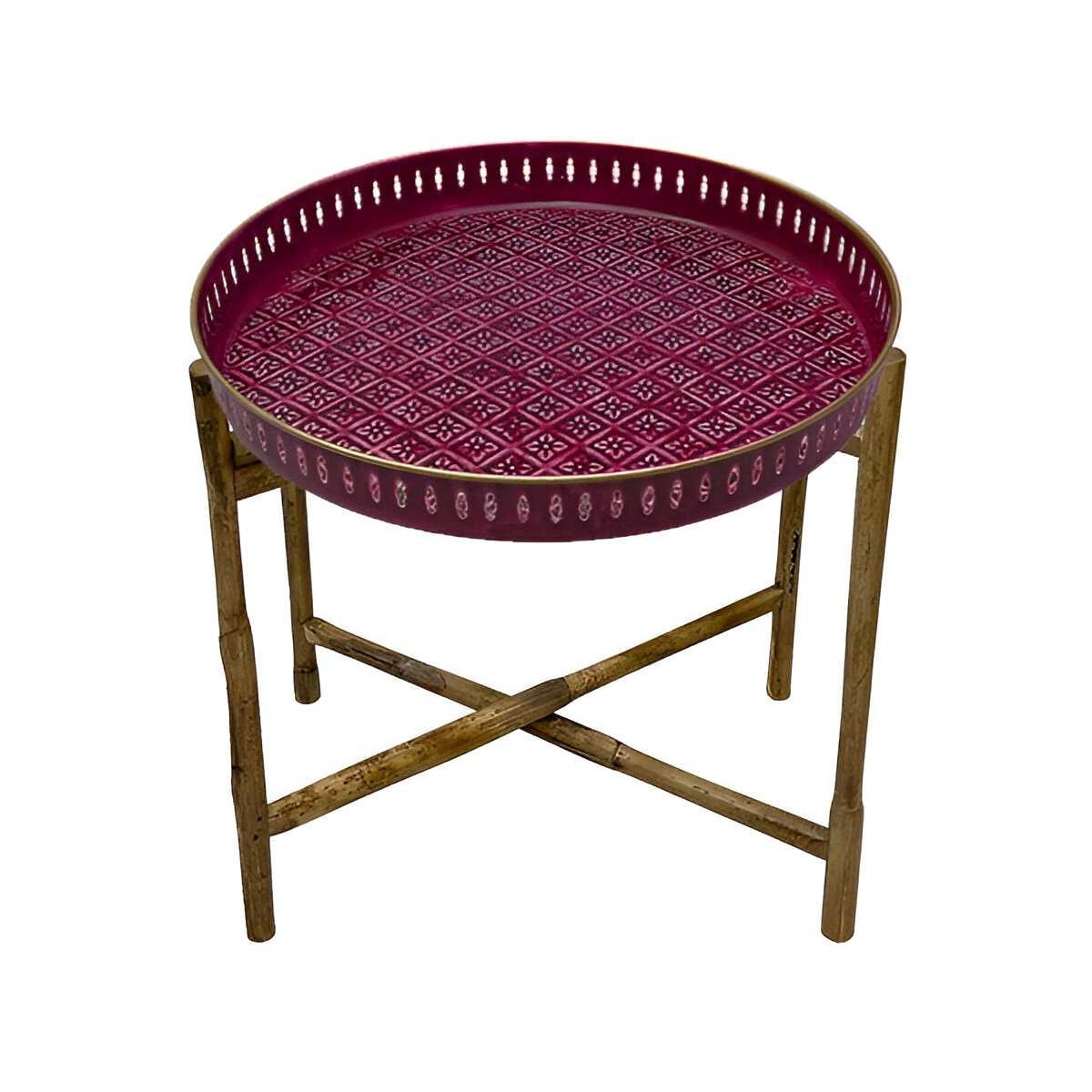 Plateau en métal avec trépied en bambou Jali 45 cm lie de vin ...