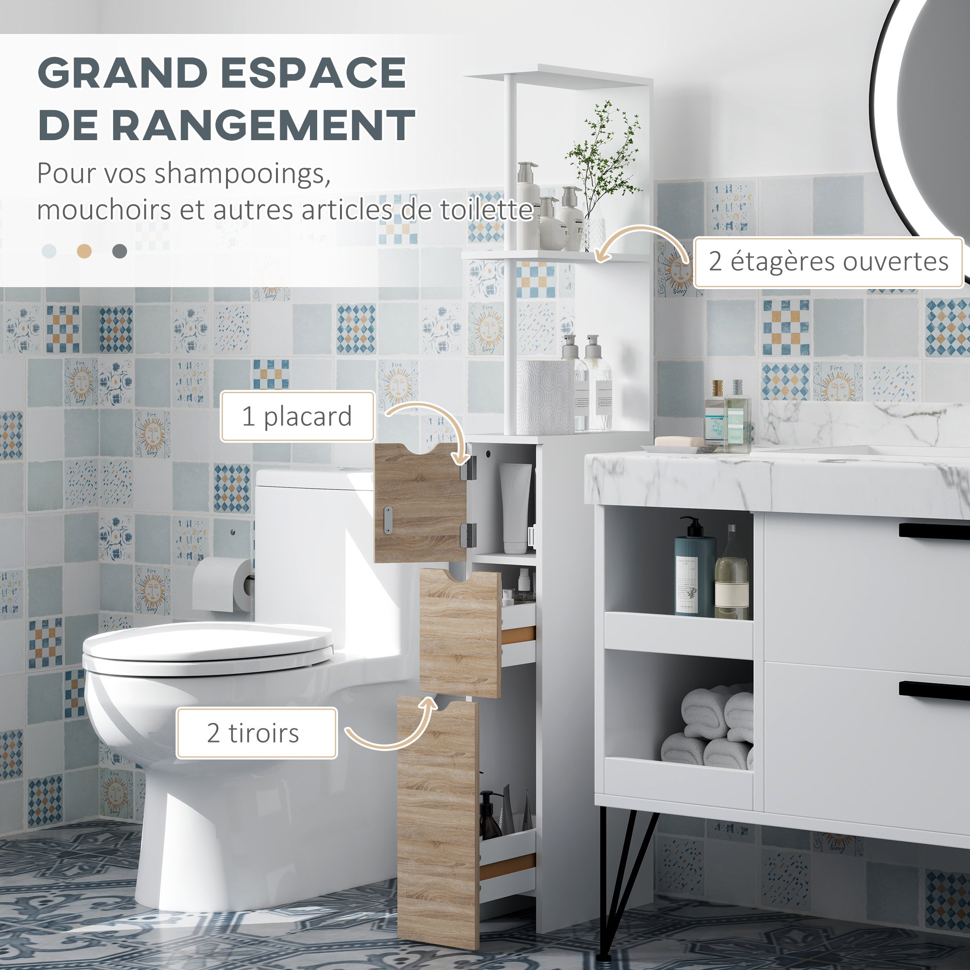 Meuble colonne salle de bain armoire de salle de bain avec tiroirs étagères ouvertes placard 15 x 33 x 136,8 cm blanc - COMFORTXL - 6