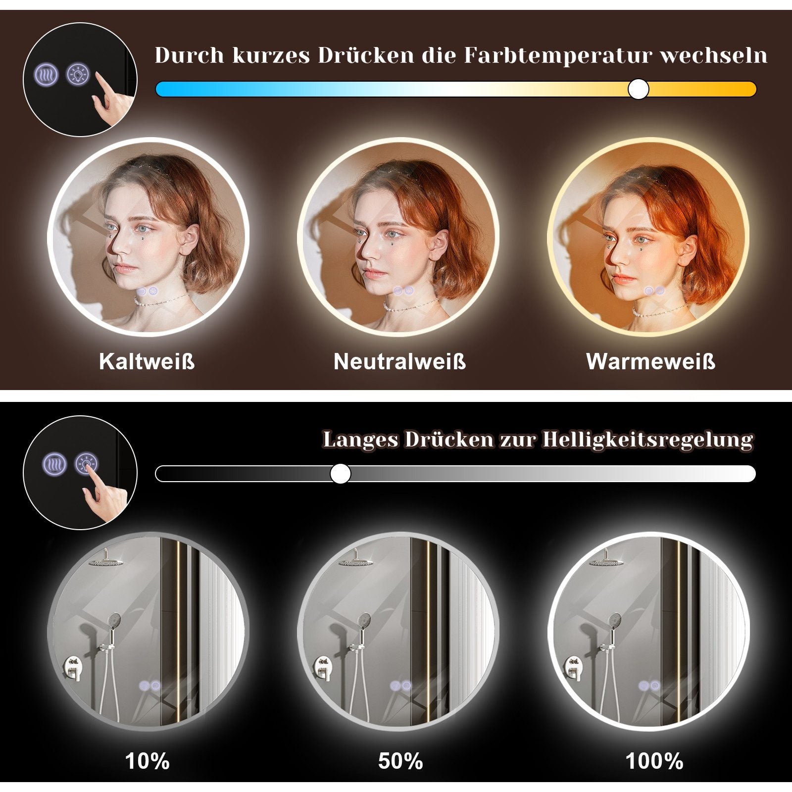 Miroir lumineux rond mural LED 50 cm IP44 tactile lumière dimmable et ...