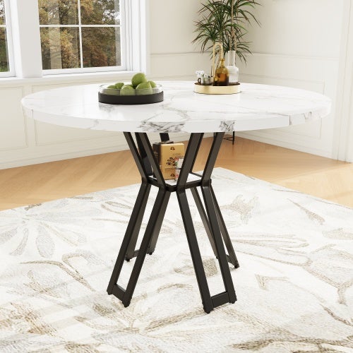 Table Ronde, Table Légère Et élégante, Idéale Pour 4 à 6 Personnes Pieds Noirs Plateau En Mdf Effet Marbre