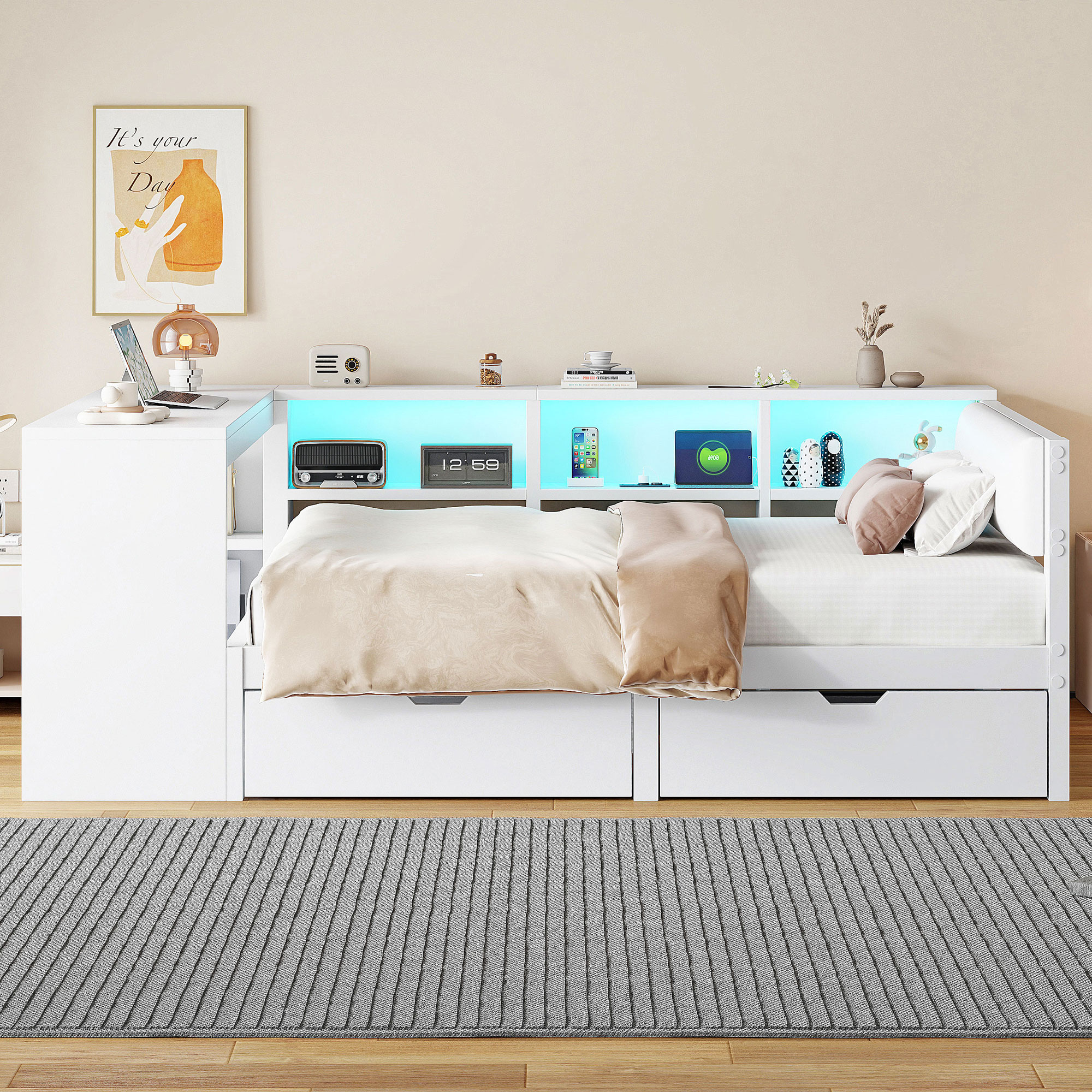 Lit 140 x 200 cm avec bureau, bibliothèque et 2 tiroirs - LEDs et charge de prises - MDF et contreplaqué - Blanc (Sans matelas) - 4
