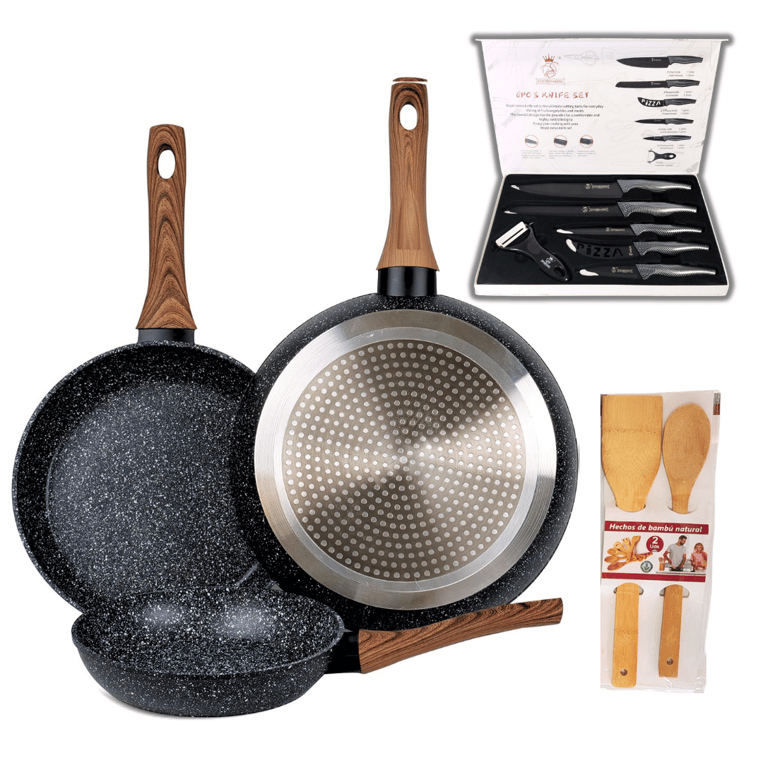 Setde3Sartenes20/24/28cmconRevestimientoAntiadherentealaPiedraRoyalSwiss-AluminioForjado