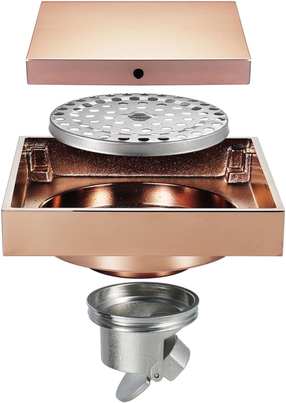 Siphon de Sol Carré 10cm en Laiton Doré Rose, Drain Douche Invisible Anti-Odeurs, Haut Débit, Détachable avec Filtre à Cheveux - 4
