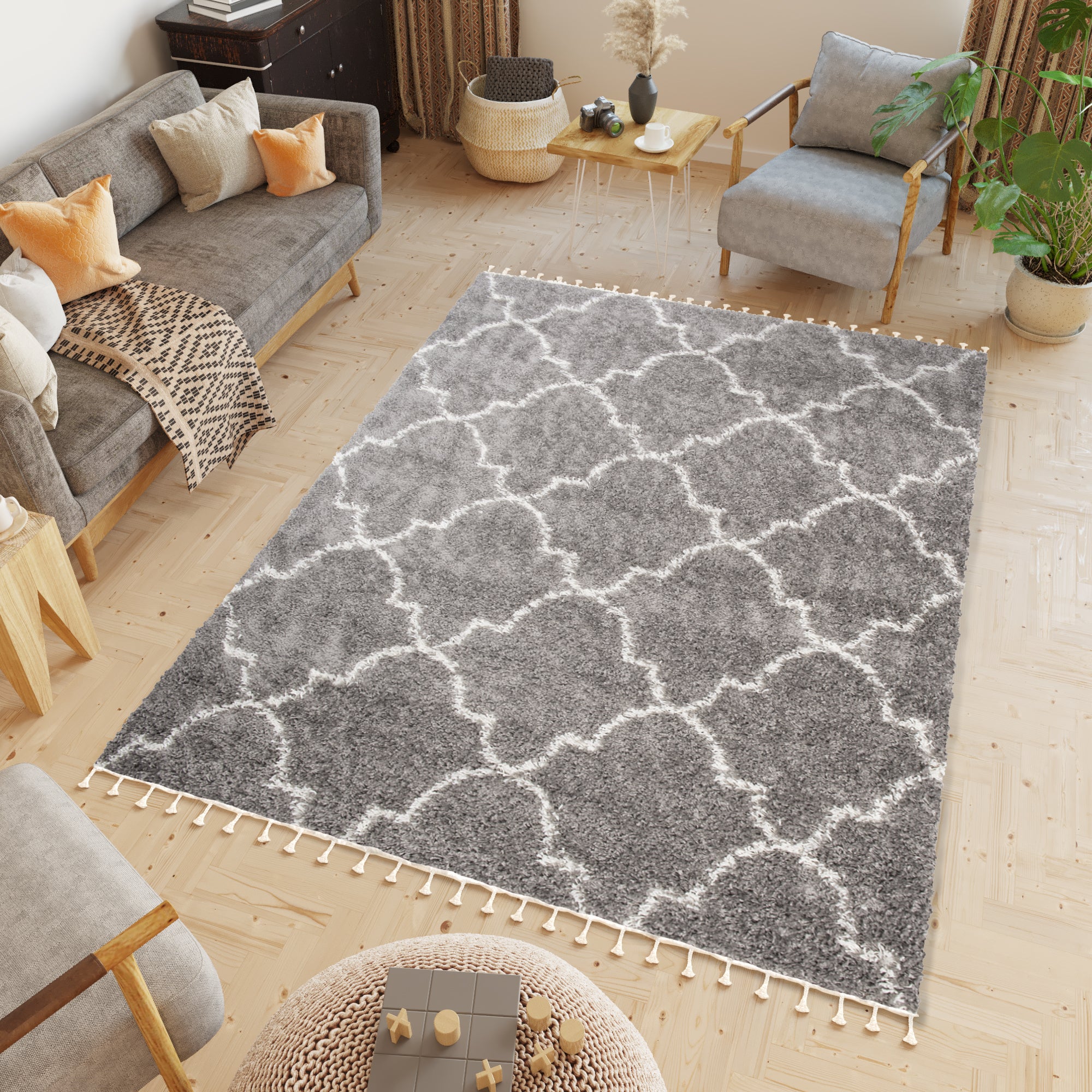 Tapiso boho alfombra salon sala gris crema trébol marroquí borlas trenzas gorda shaggy 160 x 220 cm