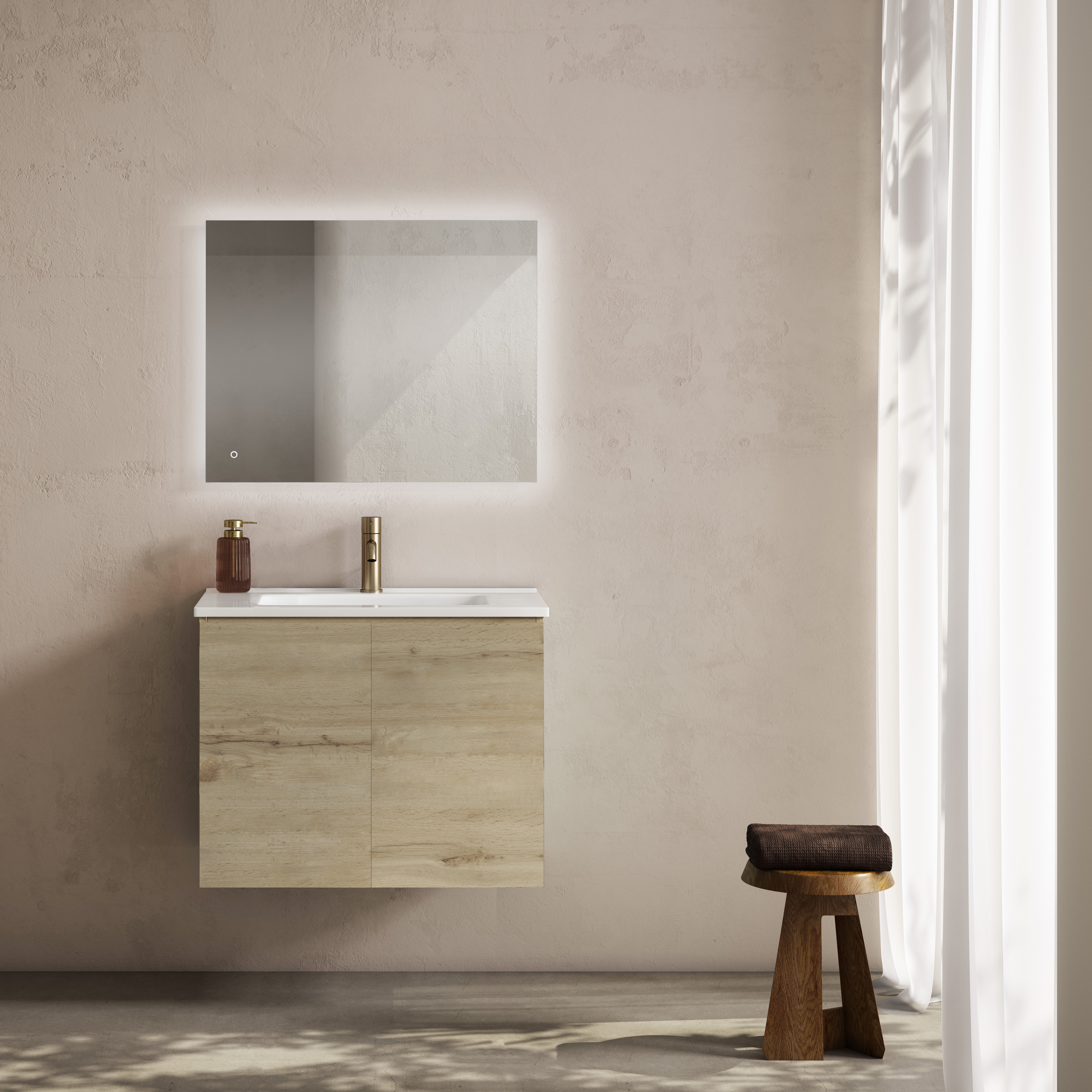 Conjunto 80 mueble lluna roble + lavabo + espejo retroiluminado