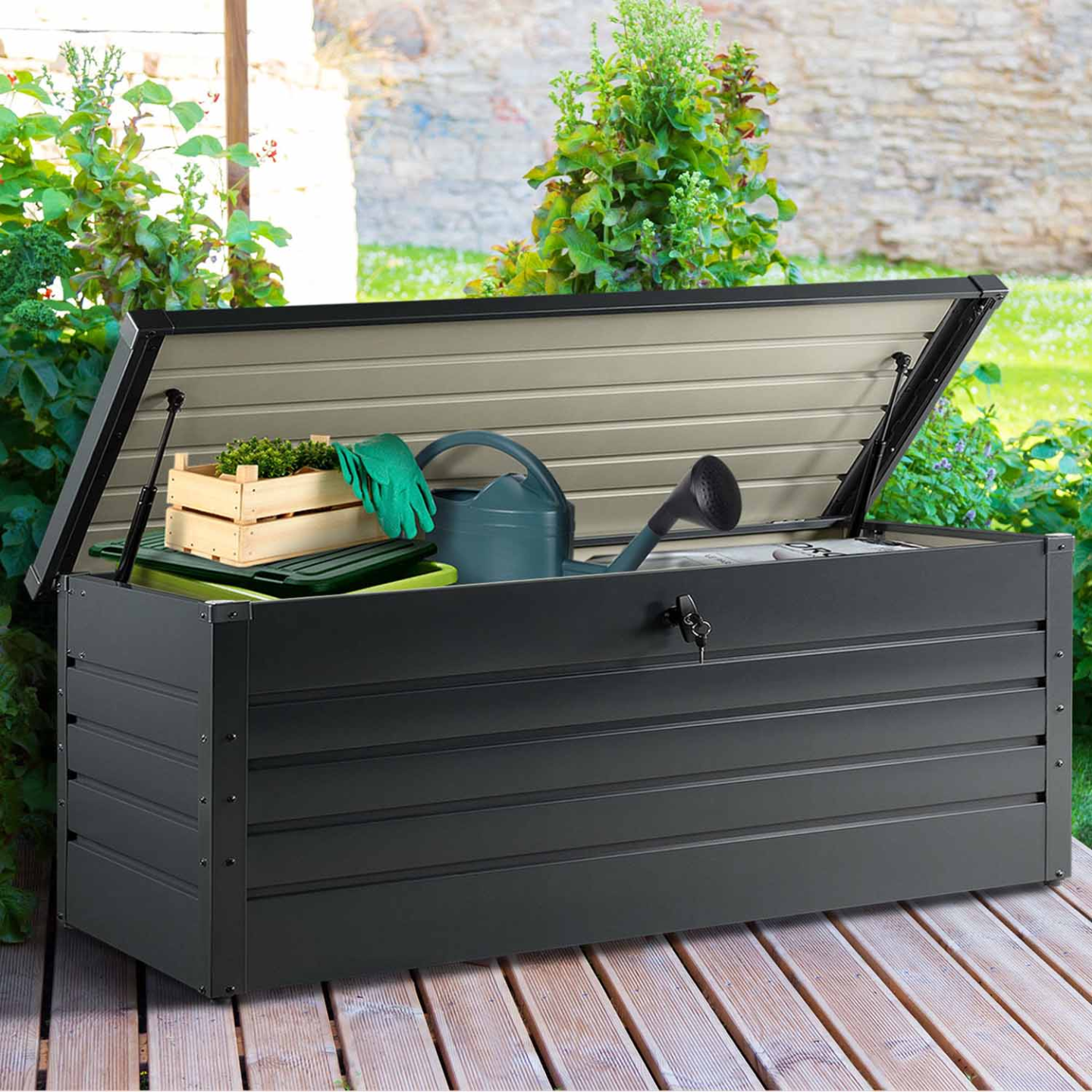 Coffre de rangement métal verrouillable gris anthracite pour jardin ...