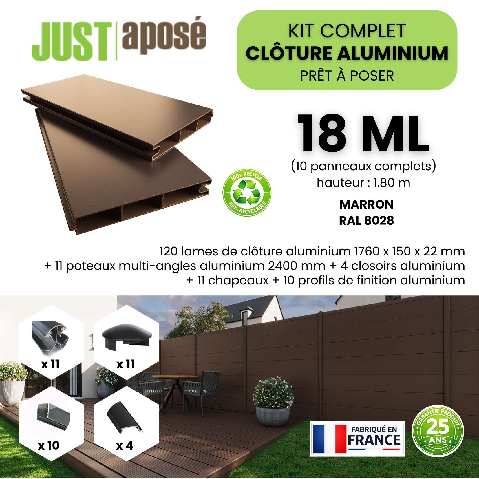 Kit complet clôture aluminium - 10 panneaux complets - 18 x 1,80 m - Prêt à poser - Marron - 3