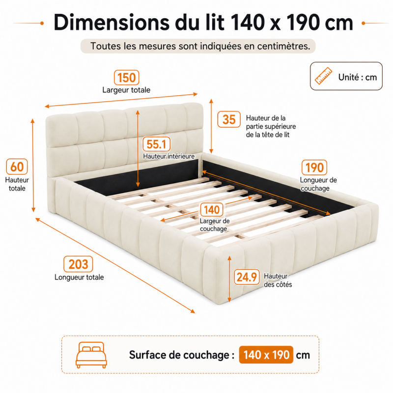 lit bubble 140x190, cadre de lit pour adulte, lit deux personnes, lit double, Lit rembourré 2 places en lin, beige, sans matelas - 8