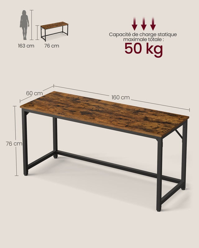 Bureau d'Ordinateur, Table, 160 x 60 x 76 cm, pour Bureau, Chambre, Salon, Cadre en Métal, Marron Rustique et Noir d'encre - 4