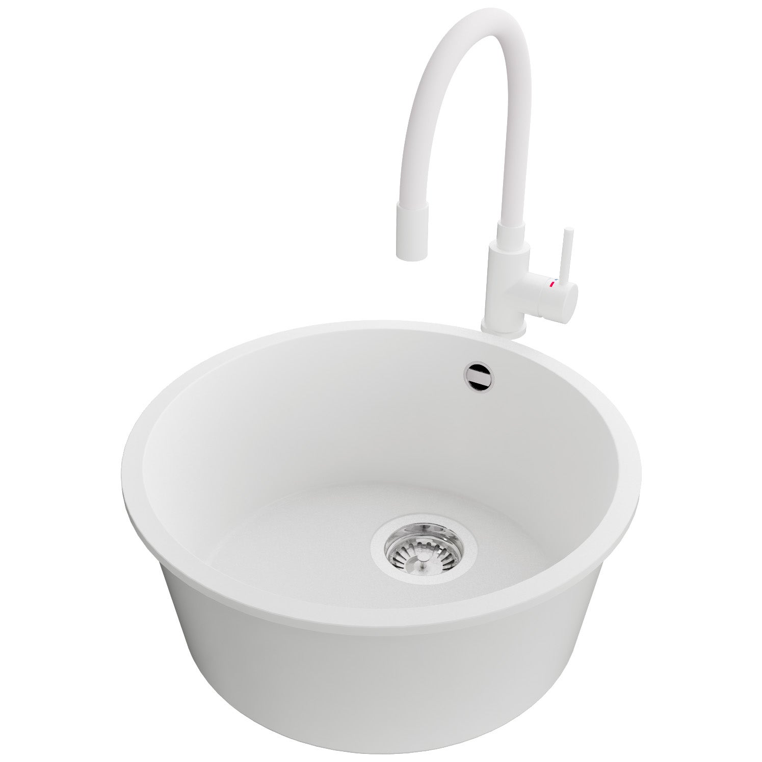 Zlewozmywak Granitowy Okrągły Biały 46x46cm, Zlew Kuchenny 1 Komorowy + Bateria 38x14cm + Syfon, Nablatowy do szafki od 50cm - Valetta Slim PRIMAGRAN