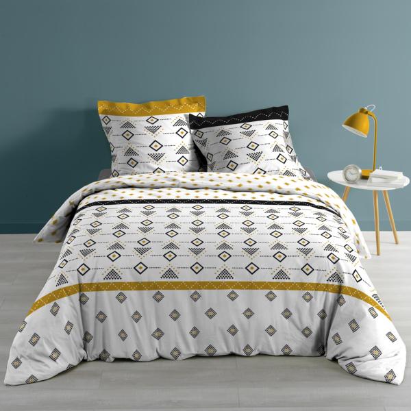 Housse de couette Letiko, Formes Géométriques, Blanc/Jaune, 240x260cm, 2 personnes, 100% Coton