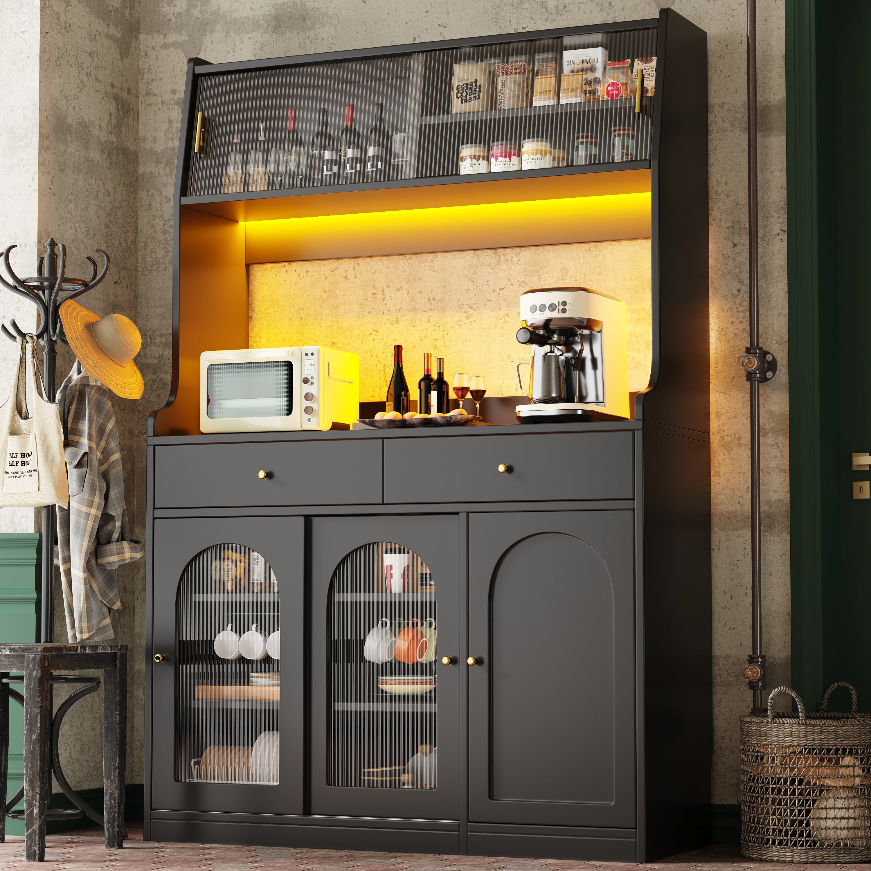 Armoire De Cuisine Sweiko 130x45x180cm Noire - Portes Vitrées, éclairage LED, Compartiment Robot Aspirateur