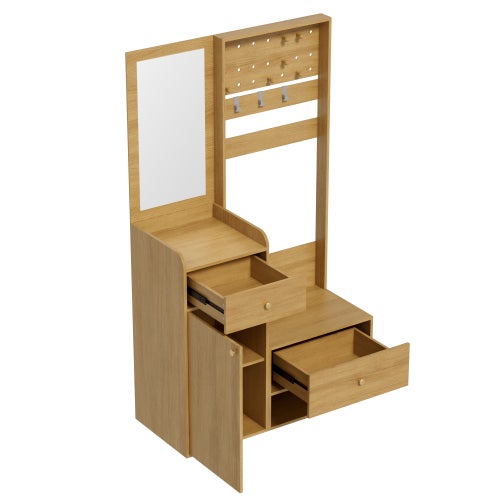 Armoire compacte, étagère d'entrée multifonctionnelle et moderne – élégant meuble de rangement couleur bois avec miroir, crochets, 105 cm - 8
