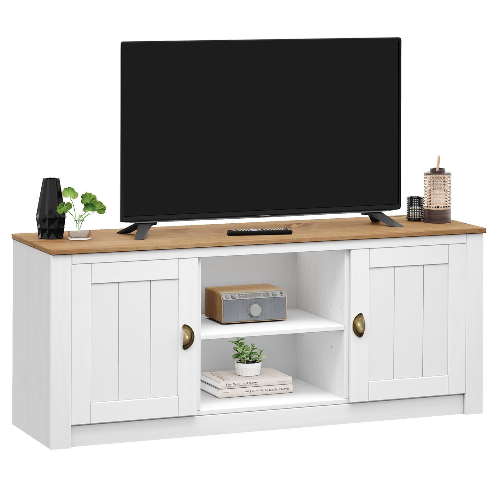 Meuble TV Veneta En Pin Massif 106 Cm - 1 Porte + 1 Tiroir, Couleur Naturel, Design Robuste Avec Passe-câbles