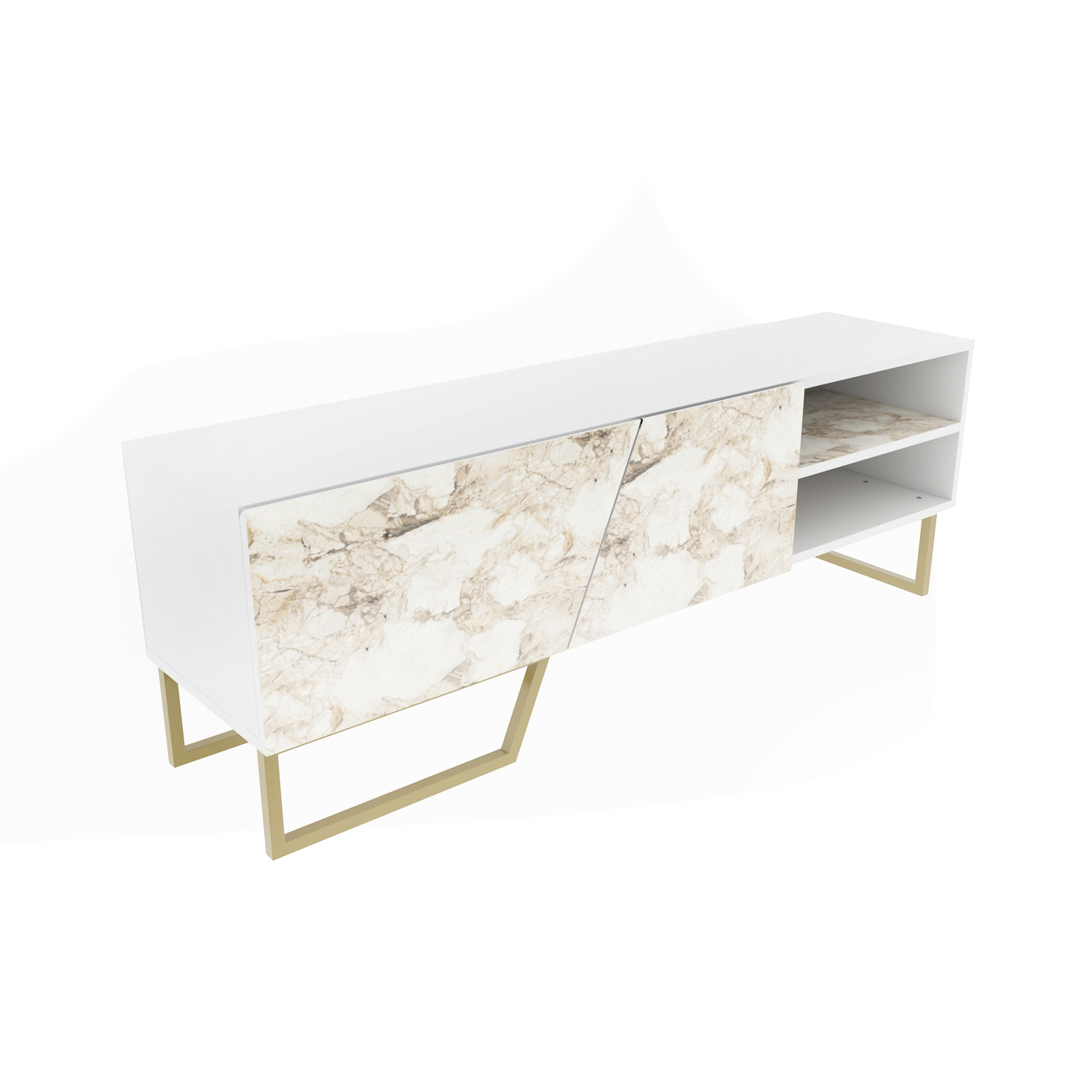 Meuble tv denasse 150 cm - pied en métal - placards et étagères (blanc et effet marbre blanc) - 5