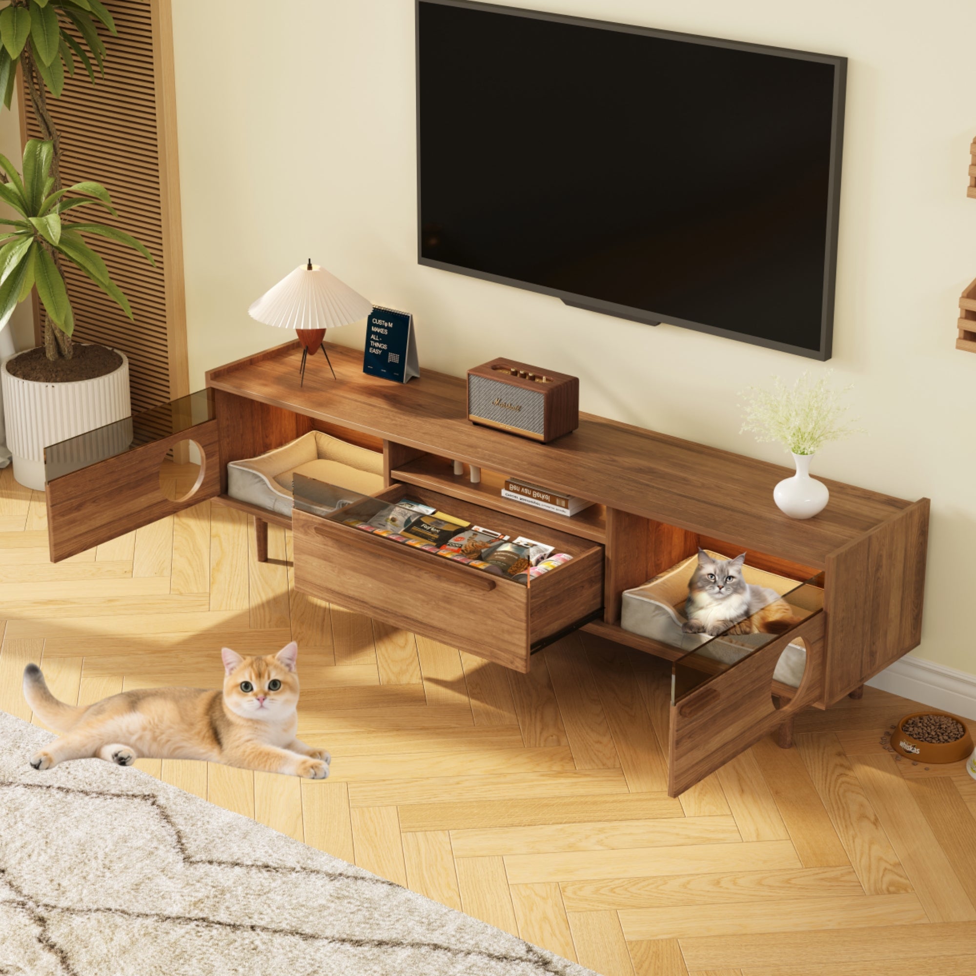Nowoczesna szafka pod telewizor 180x40x50 cm - miejsce do odpoczynku dla zwierząt - z oświetleniem LED - 1 szuflada i 2 drzwi - naturalny
