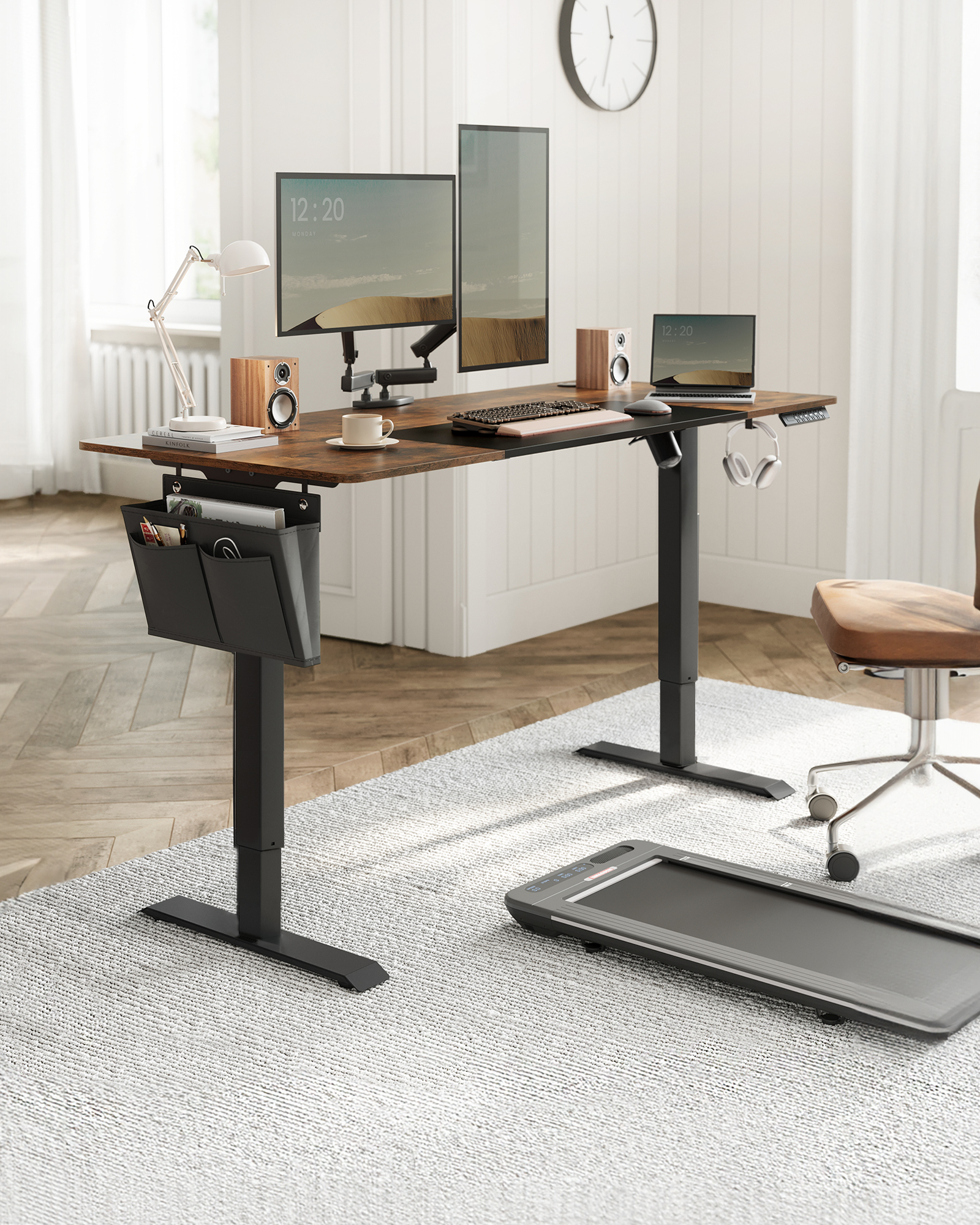 Bureau Assis Debout Électrique, 70 x 160 x (72-120) cm, Réglable en Hauteur, Pochette, Marron Rustique et Noir Pur - 2