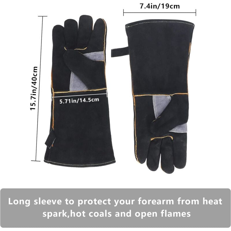 Gants résistants au feu et à la chaleur extrêmes, cuir avec coutures en kevlar, parfaits pour cheminée, poêle, four, grill, soudage, barbecue, mig - 5