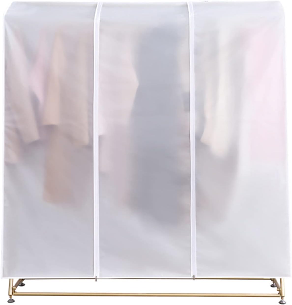 Pokrowiec na wieszak wykonany z grubego materiału PEVA o wymiarach 120 x 50 x 150 cm, odporny na kurz i wilgoć.