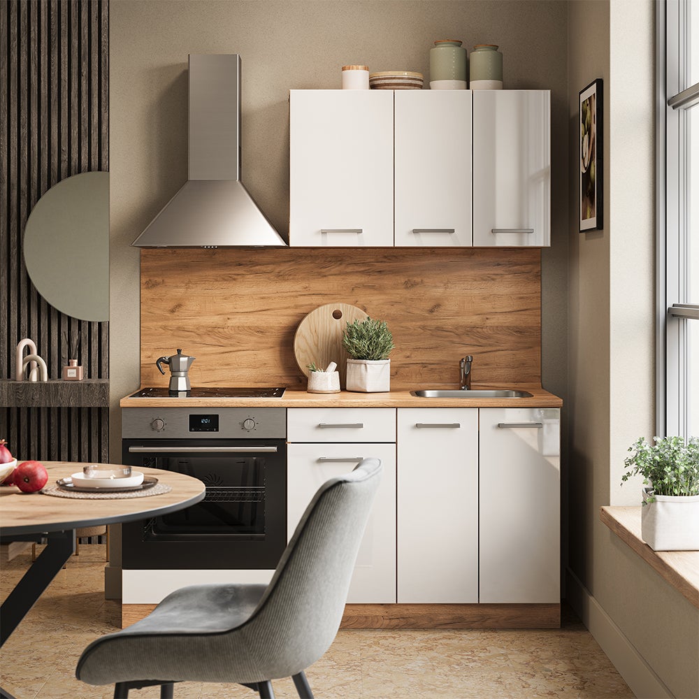 Vicco Cucina completa R-Line, Bianco lucido/oro power oak, 160 cm con colonna forno senza piano di lavoro - 3