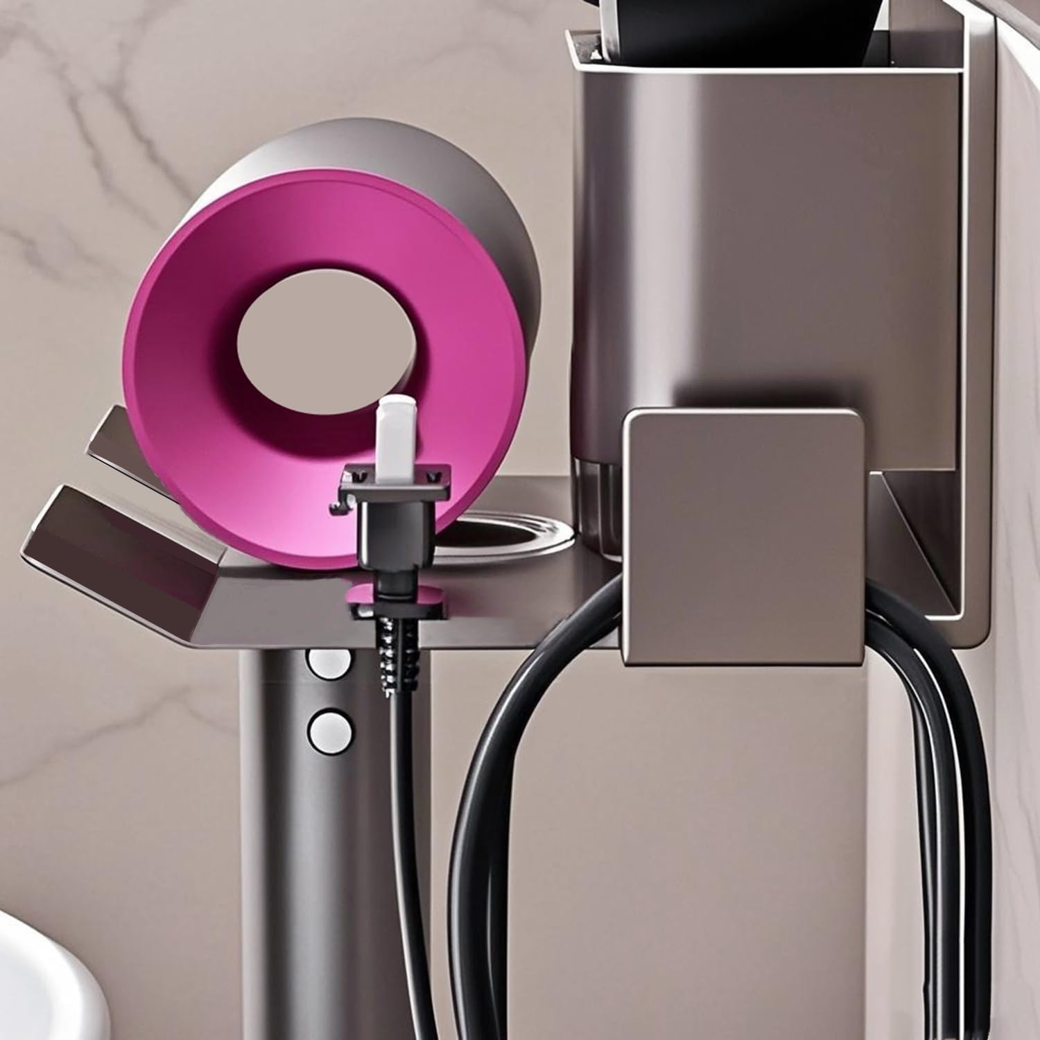 Support mural pour sèche-cheveux – Idéal pour les chambres, les hôtels et les salles de bain – Aucun perçage requis avec gestion des câbles – Gris - 6