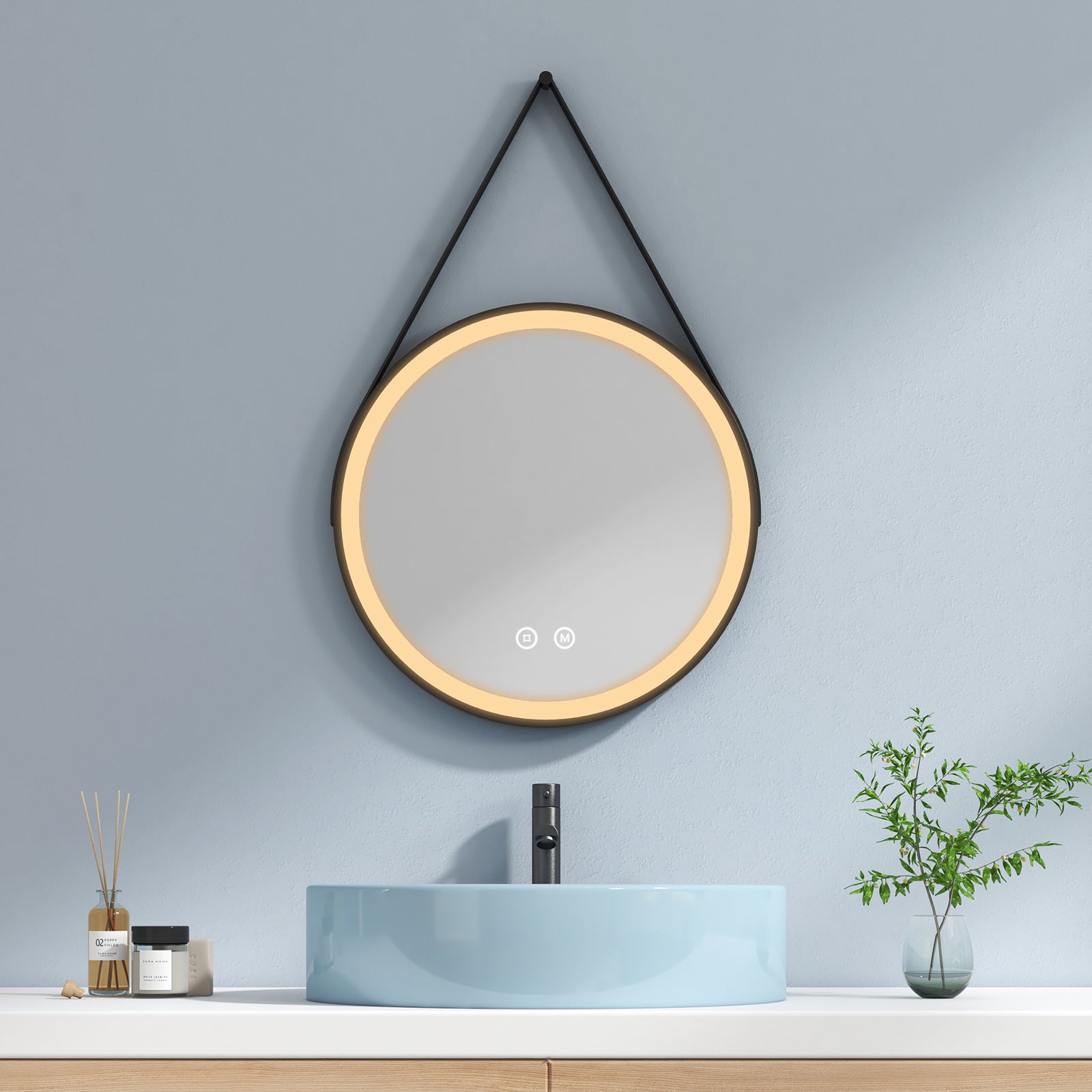 EMKE Miroir lumineux salle de bain rond diamètre 50cm cadre noir, Sangle réglable, Miroir LED avec Interrupteur Tactile, Lumière Froide/Chaude/Neutre - 6