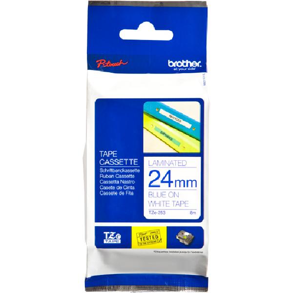 Brother TZe253 Ruban d'étiquettes laminé original - Texte bleu sur fond blanc - Largeur 24 mm x 8