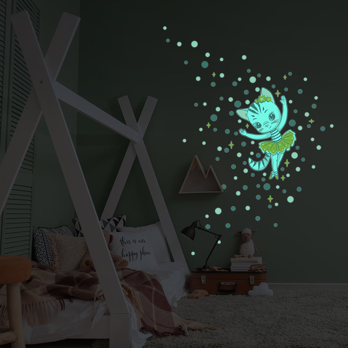 Adesivos fosforescente gatto ballerina + 100 cerchi colorati - Sticker adesivo - adesivi murali - 80x50cm - 3