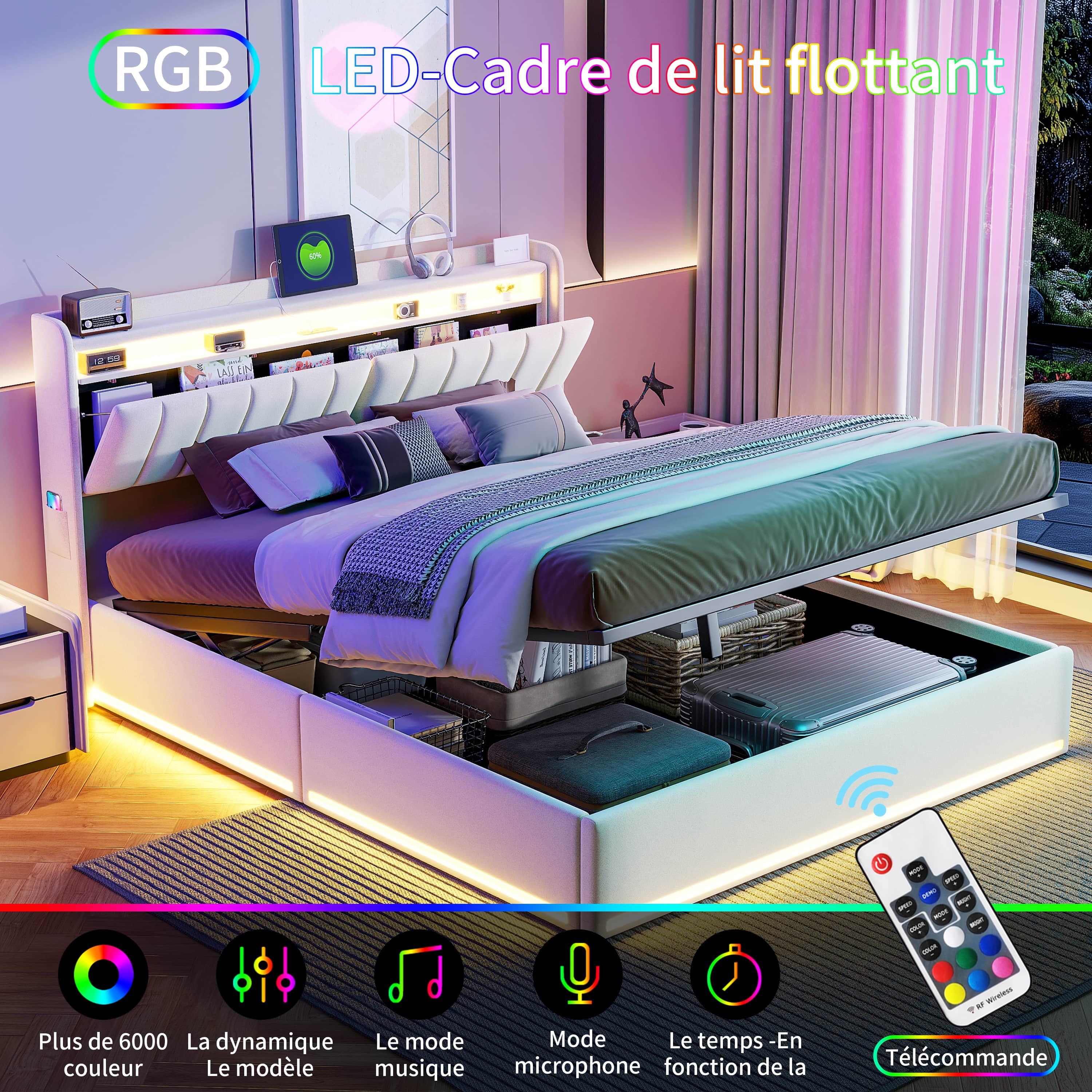 Lit coffre 160x200cm avec LED et ports USB, lit double avec espace de rangement et tête de lit, cadre de lit rembourré à lattes, velours, beige - 6