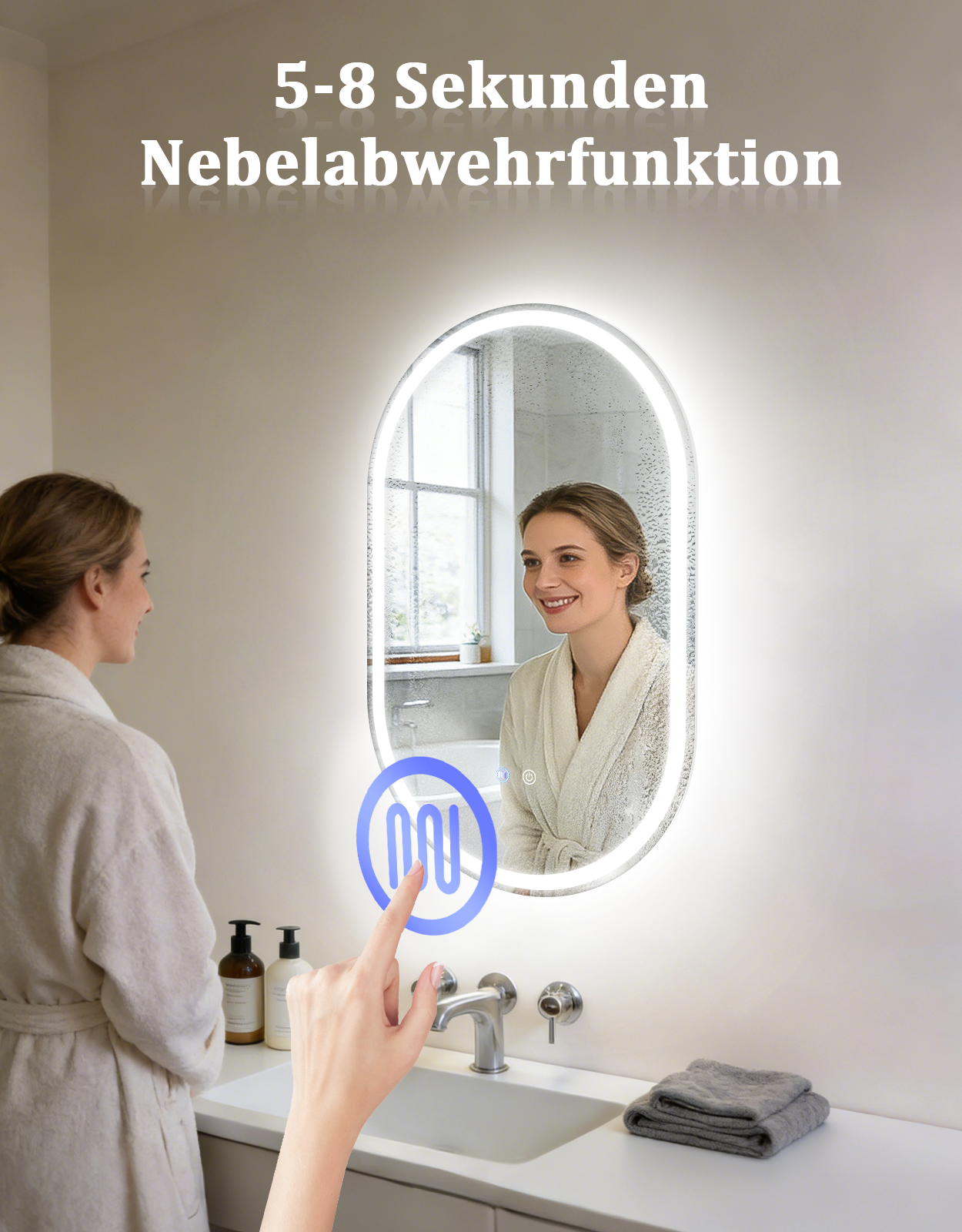 ZMH Lustro łazienkowe Owialne LED 50x80 cm na ścianę dotykowe przeciwmgielne IP44 regulowane 3000K-6500K - 4