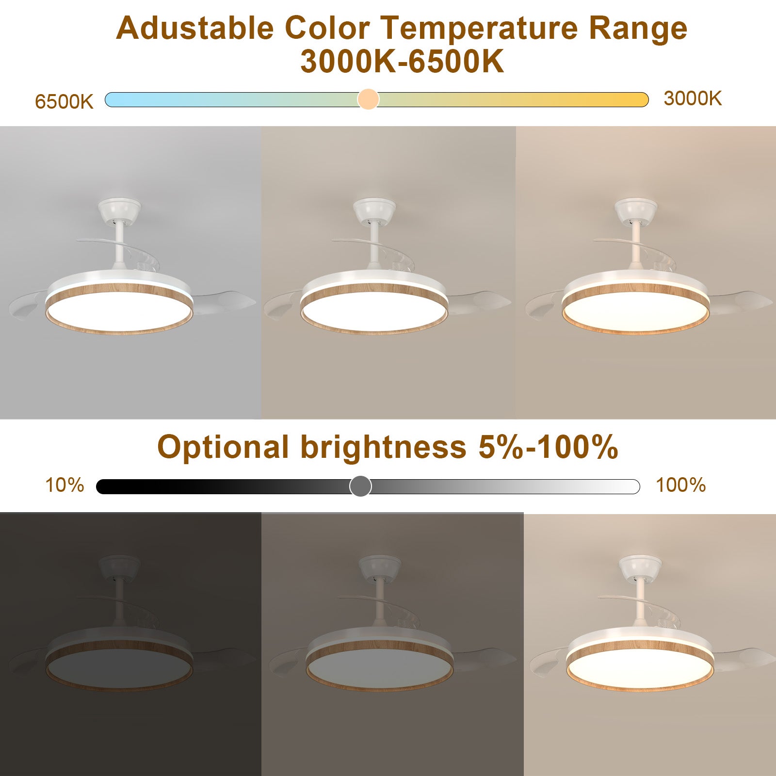 COMELY Ventilateur de plafond avec lumière LED 36W Ø106 cm blanc effet bois, 3000-6500K dimmable, télécommande - 6