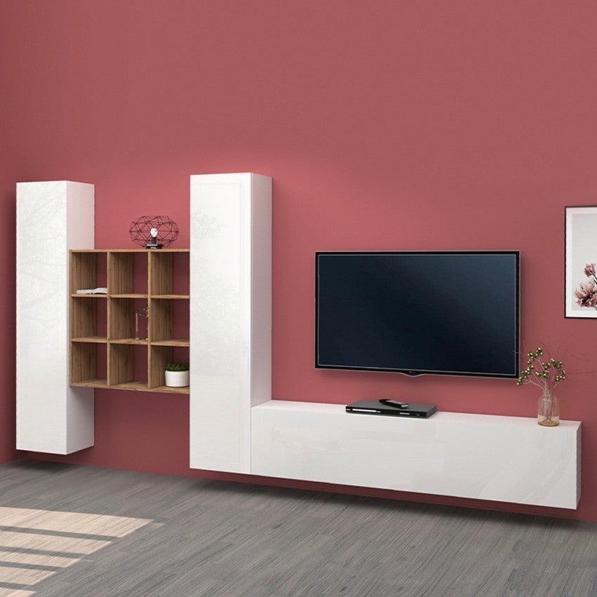 Porta TV sospeso con armadi 150 cm bianco e legno HAL