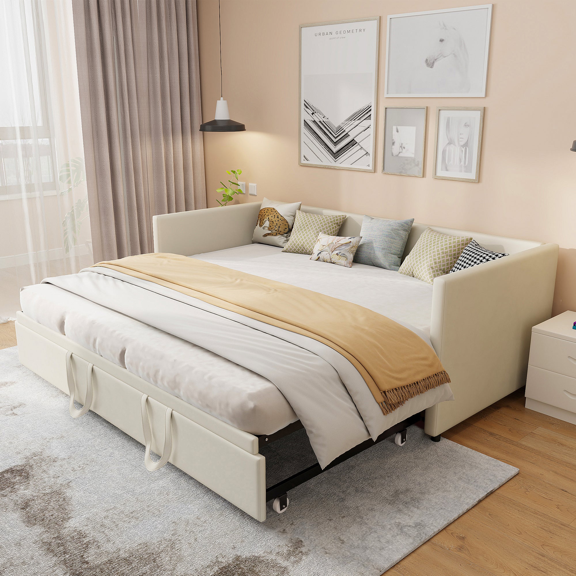 Canapé lit convertible 90x200 / 180x200 cm, lit banquette 2 places avec sommier à lattes, lit extensible, lit escamotable - Beige,Sans Matelas - 7